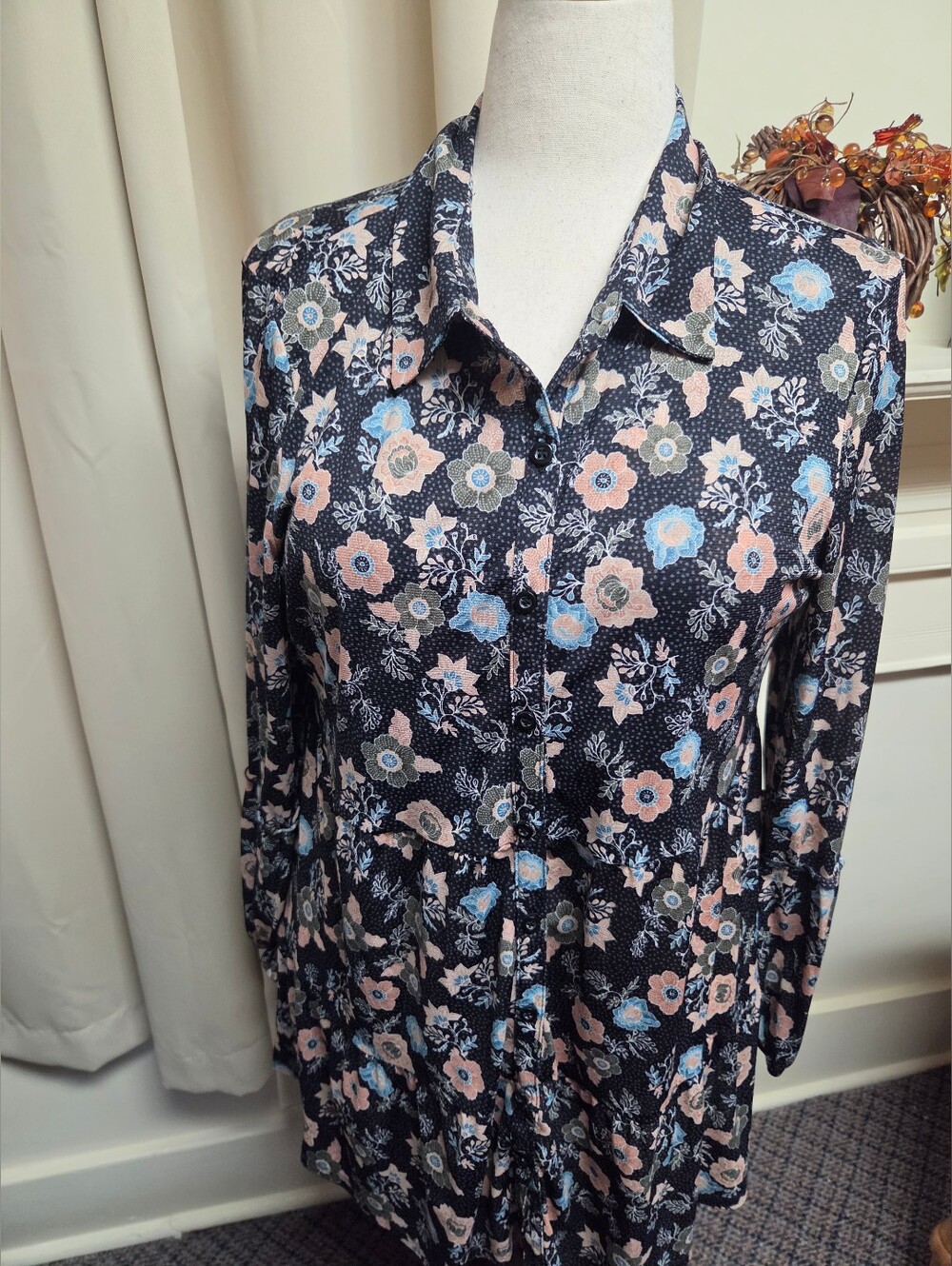 Style & Co. Navy Long-Sleeve Button-Front Floral Tunic/Dress Size XL